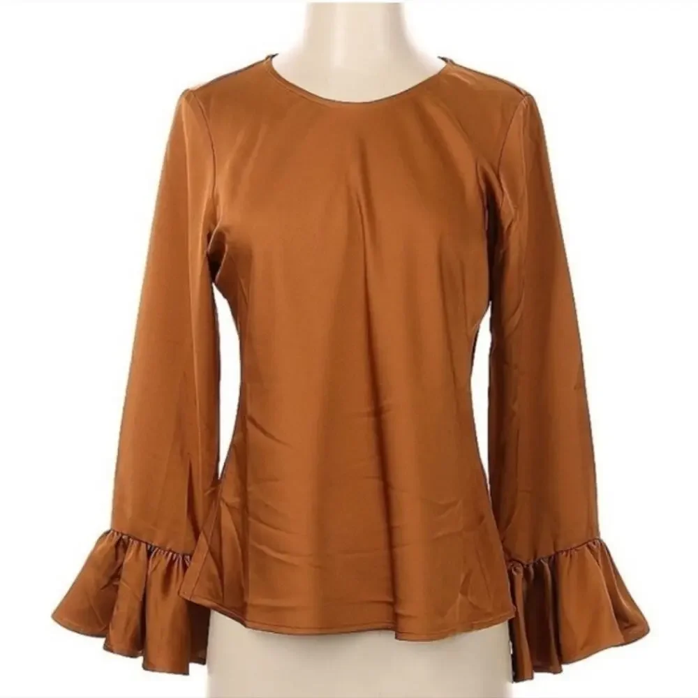 J. Crew Winter Garden Golden Brown Bell Sleeve Ruffle Satin Blouse Top Small NWT